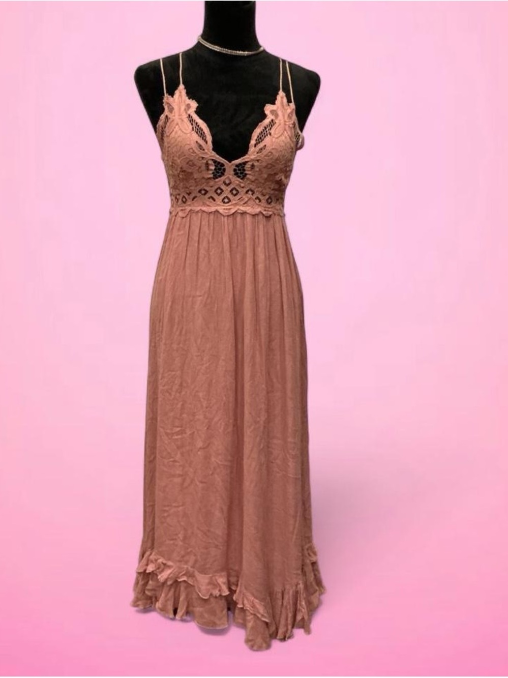 🌸 Free People Dusty Rose Lace-Trim Maxi Dress